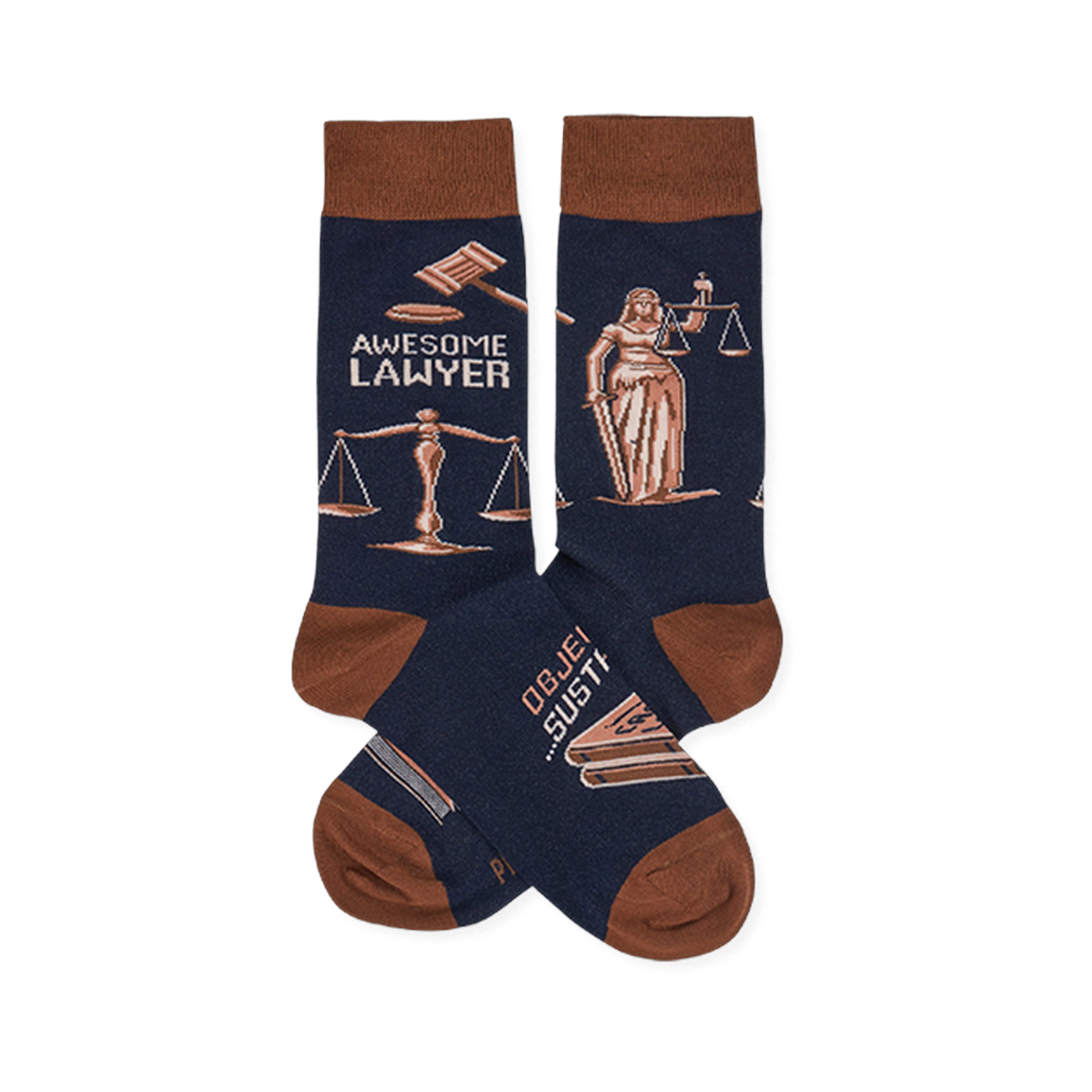 Pair of navy crew socks with brown cuffs, heels, and toes. Design includes "Awesome Lawyer" text, gavels, Lady Justice, and scales.