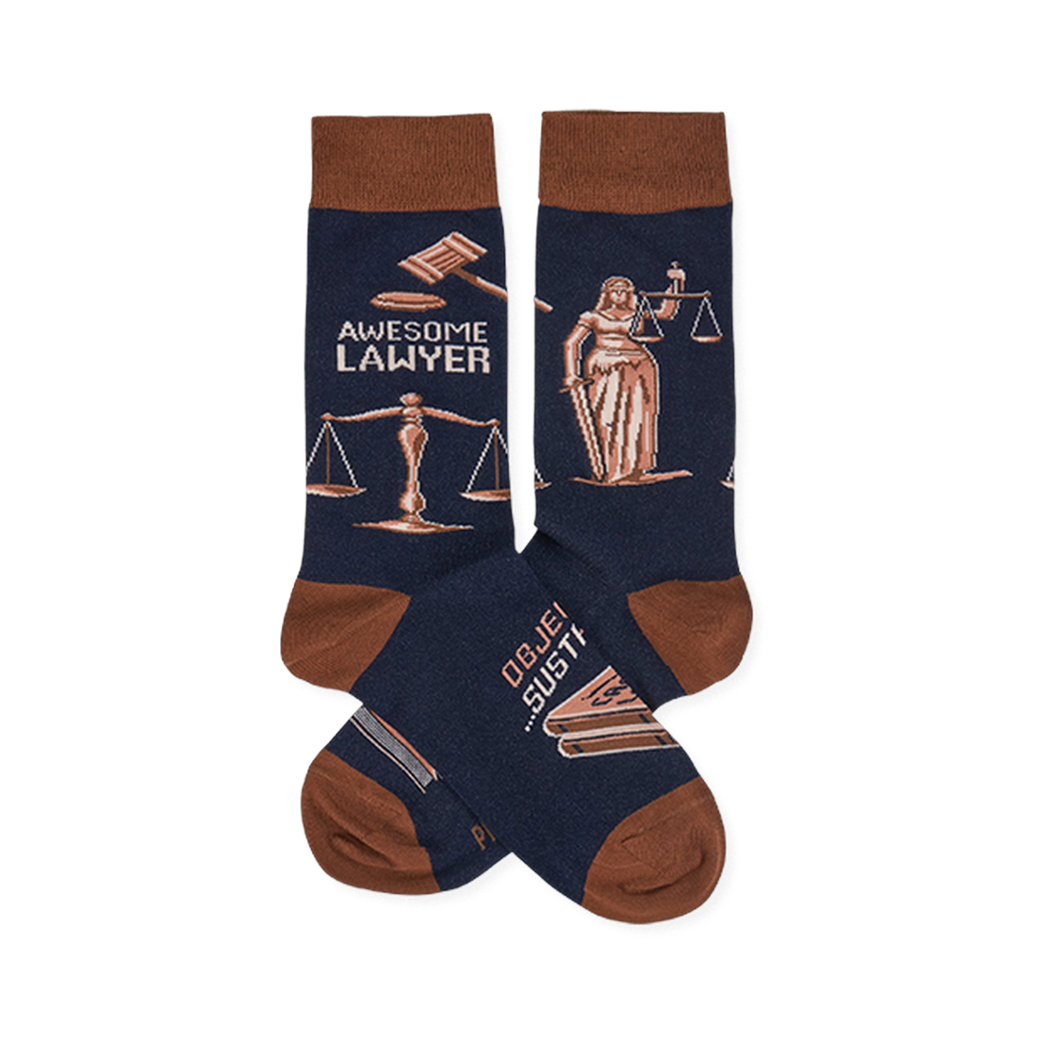 Pair of navy crew socks with brown cuffs, heels, and toes. Design includes "Awesome Lawyer" text, gavels, Lady Justice, and scales.