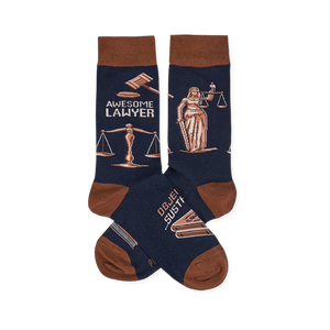 Pair of navy crew socks with brown cuffs, heels, and toes. Design includes 
