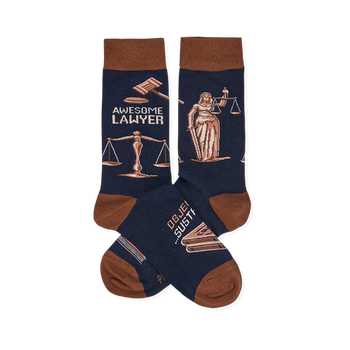 Pair of navy crew socks with brown cuffs, heels, and toes. Design includes "Awesome Lawyer" text, gavels, Lady Justice, and scales.