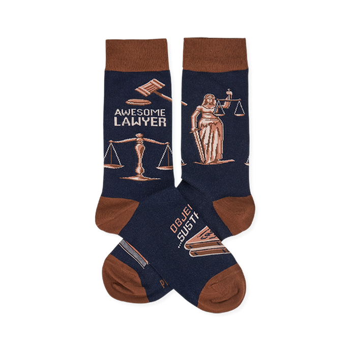 Pair of navy crew socks with brown cuffs, heels, and toes. Design includes 