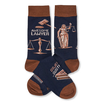 Pair of navy crew socks with brown cuffs, heels, and toes. Design includes "Awesome Lawyer" text, gavels, Lady Justice, and scales.