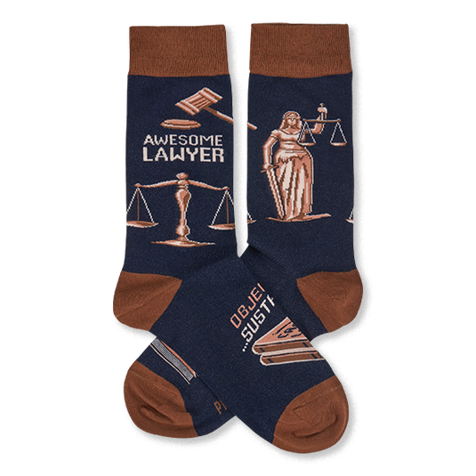 Pair of navy crew socks with brown cuffs, heels, and toes. Design includes 