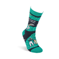 A single crew sock worn upright, showing a golf design with golfers, a cart, "I'd Rather Be Golfing" text on grey and green.