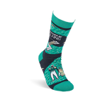 A single crew sock worn upright, showing a golf design with golfers, a cart, "I'd Rather Be Golfing" text on grey and green.