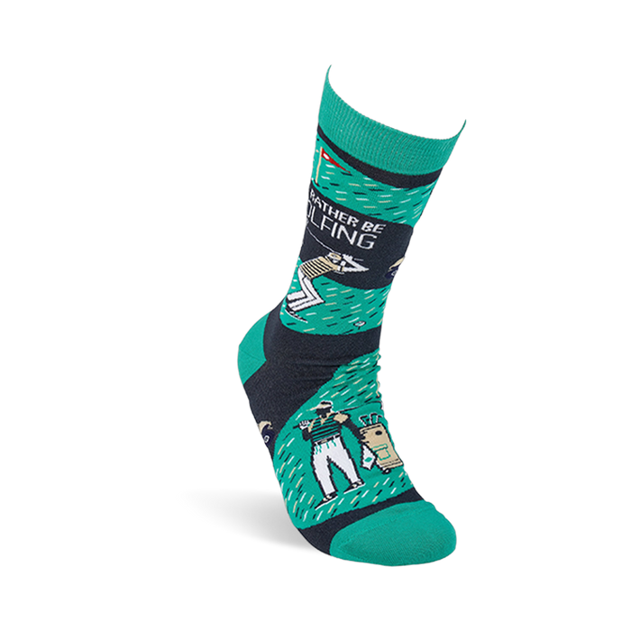 A single crew sock worn upright, showing a golf design with golfers, a cart, 