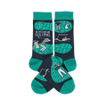 A pair of crew socks with a dark grey and green golf theme. Design includes golfers, a golf cart, flag, and "I'd Rather Be Golfing" text.