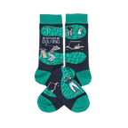 A pair of crew socks with a dark grey and green golf theme. Design includes golfers, a golf cart, flag, and "I'd Rather Be Golfing" text.
