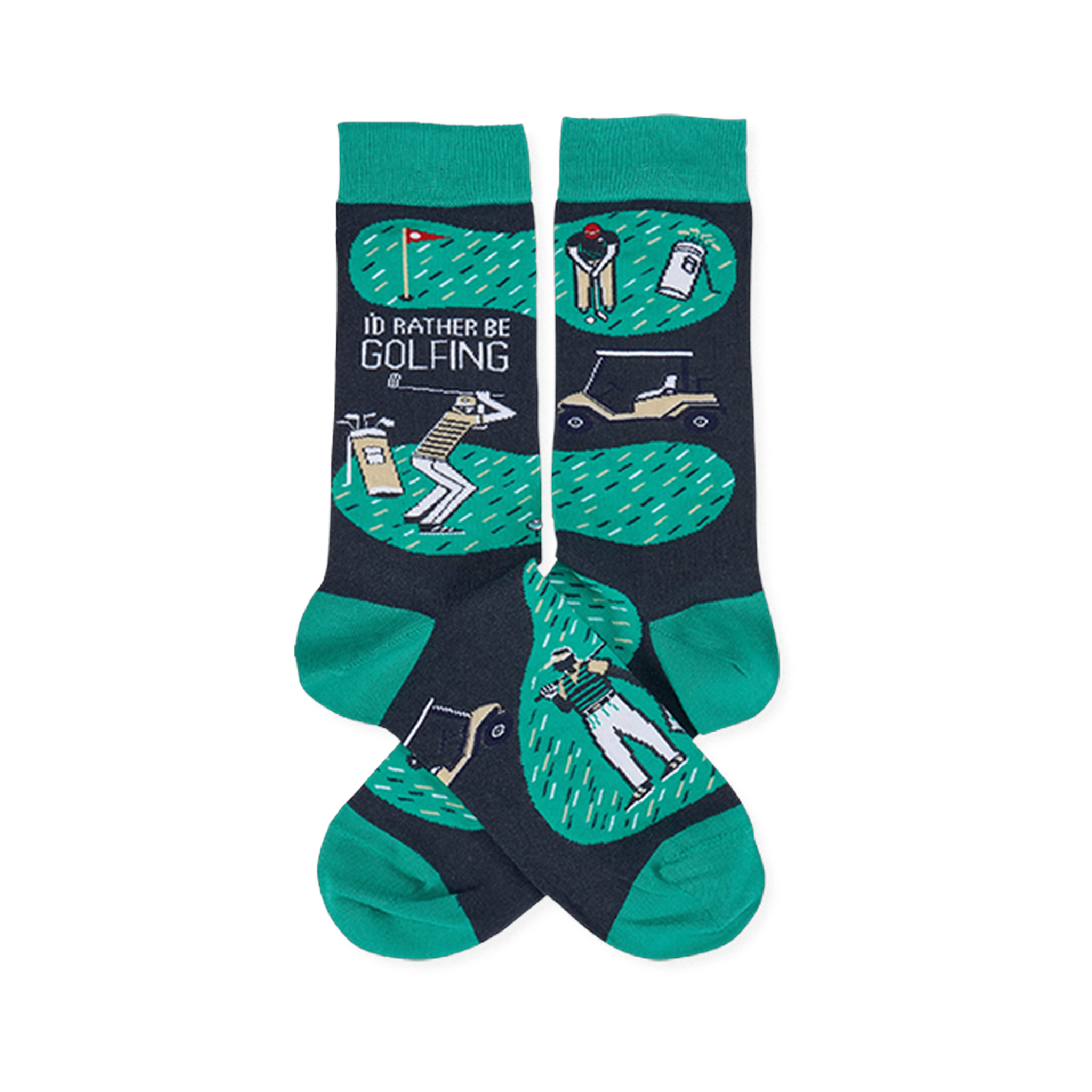 A pair of crew socks with a dark grey and green golf theme. Design includes golfers, a golf cart, flag, and "I'd Rather Be Golfing" text.