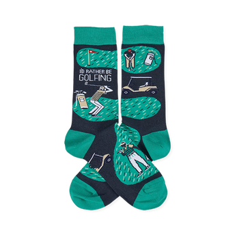 A pair of crew socks with a dark grey and green golf theme. Design includes golfers, a golf cart, flag, and "I'd Rather Be Golfing" text.