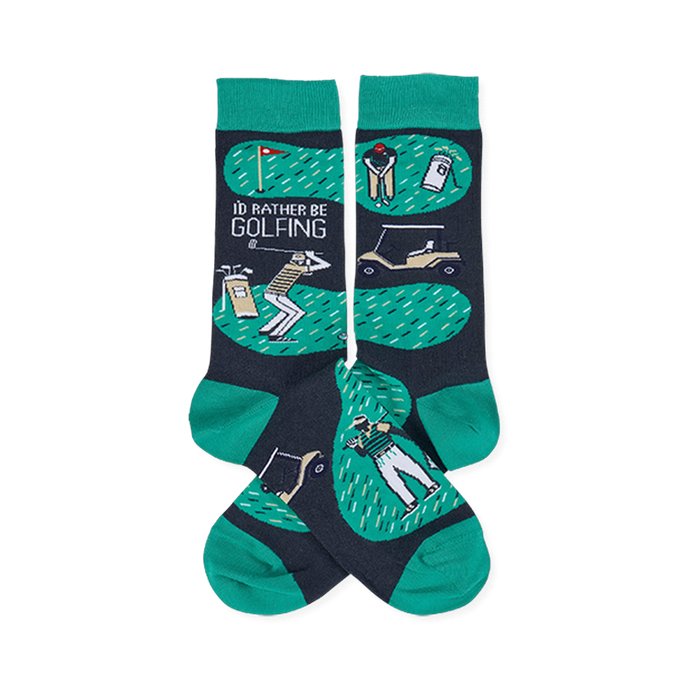 A pair of crew socks with a dark grey and green golf theme. Design includes golfers, a golf cart, flag, and 