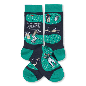 A pair of crew socks with a dark grey and green golf theme. Design includes golfers, a golf cart, flag, and "I'd Rather Be Golfing" text.
