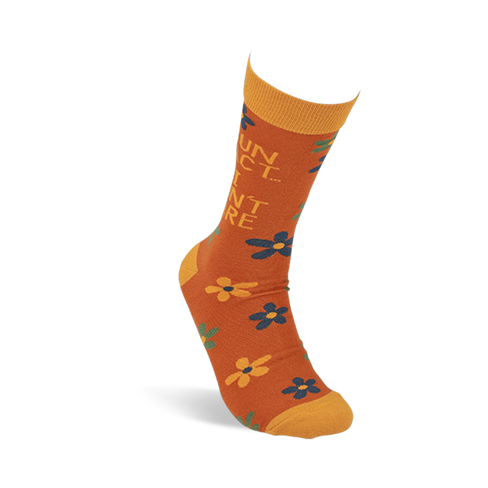 Single rust-orange crew sock with yellow cuff, heel, and toe, worn on an invisible foot. Text 'FUN FACT... I DON'T CARE' and scattered flowers are visible from the side.