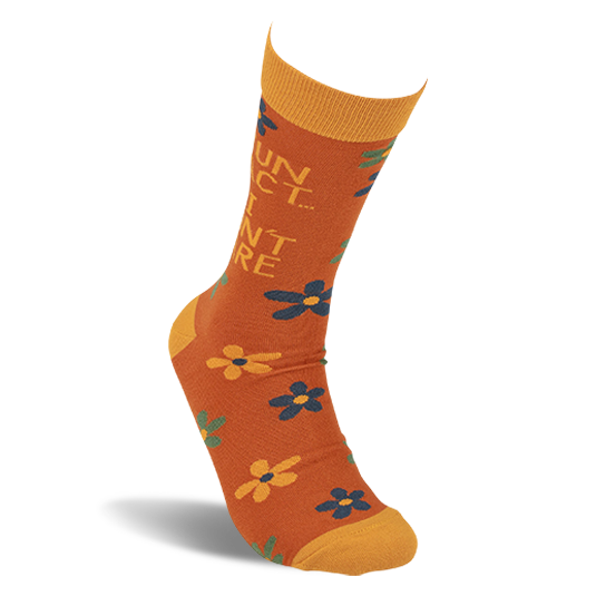 Single rust-orange crew sock with yellow cuff, heel, and toe, worn on an invisible foot. Text 'FUN FACT... I DON'T CARE' and scattered flowers are visible from the side.
