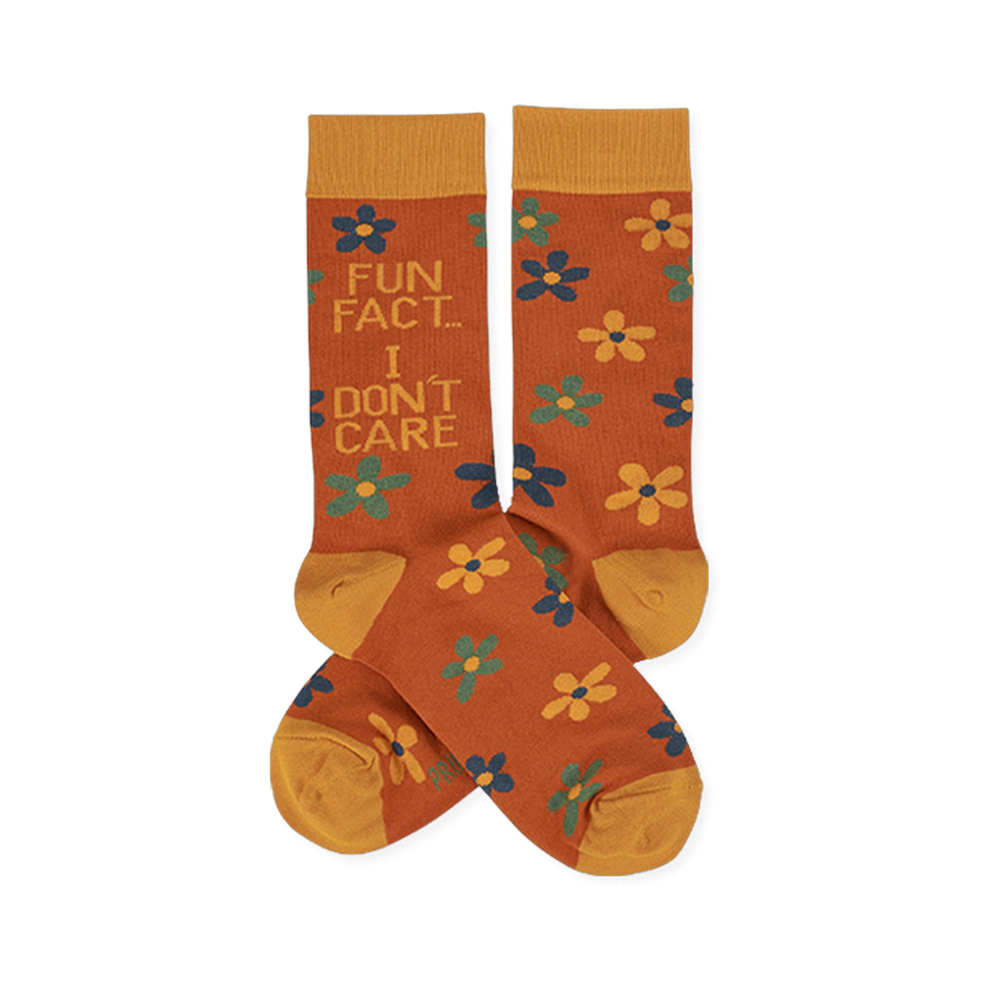 Pair of crew socks in rust orange with yellow cuffs, heels, and toes. Features scattered yellow, teal, and blue flowers. One sock reads 'FUN FACT... I DON'T CARE' in blue and teal text.