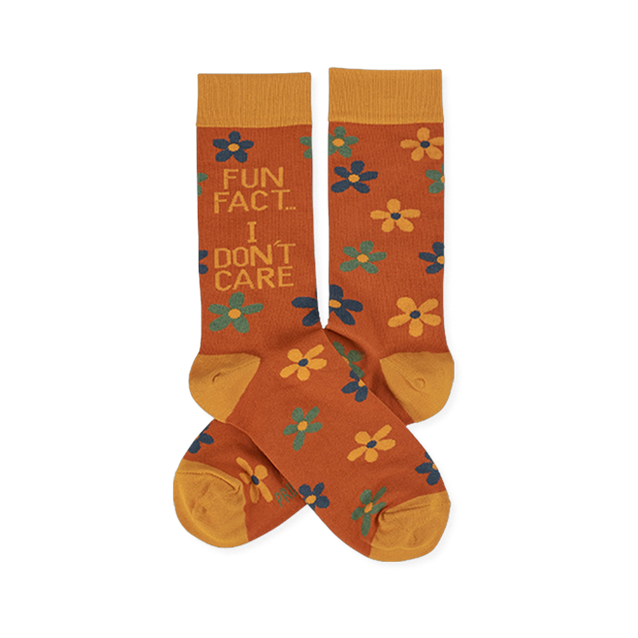 Pair of crew socks in rust orange with yellow cuffs, heels, and toes. Features scattered yellow, teal, and blue flowers. One sock reads 'FUN FACT... I DON'T CARE' in blue and teal text.