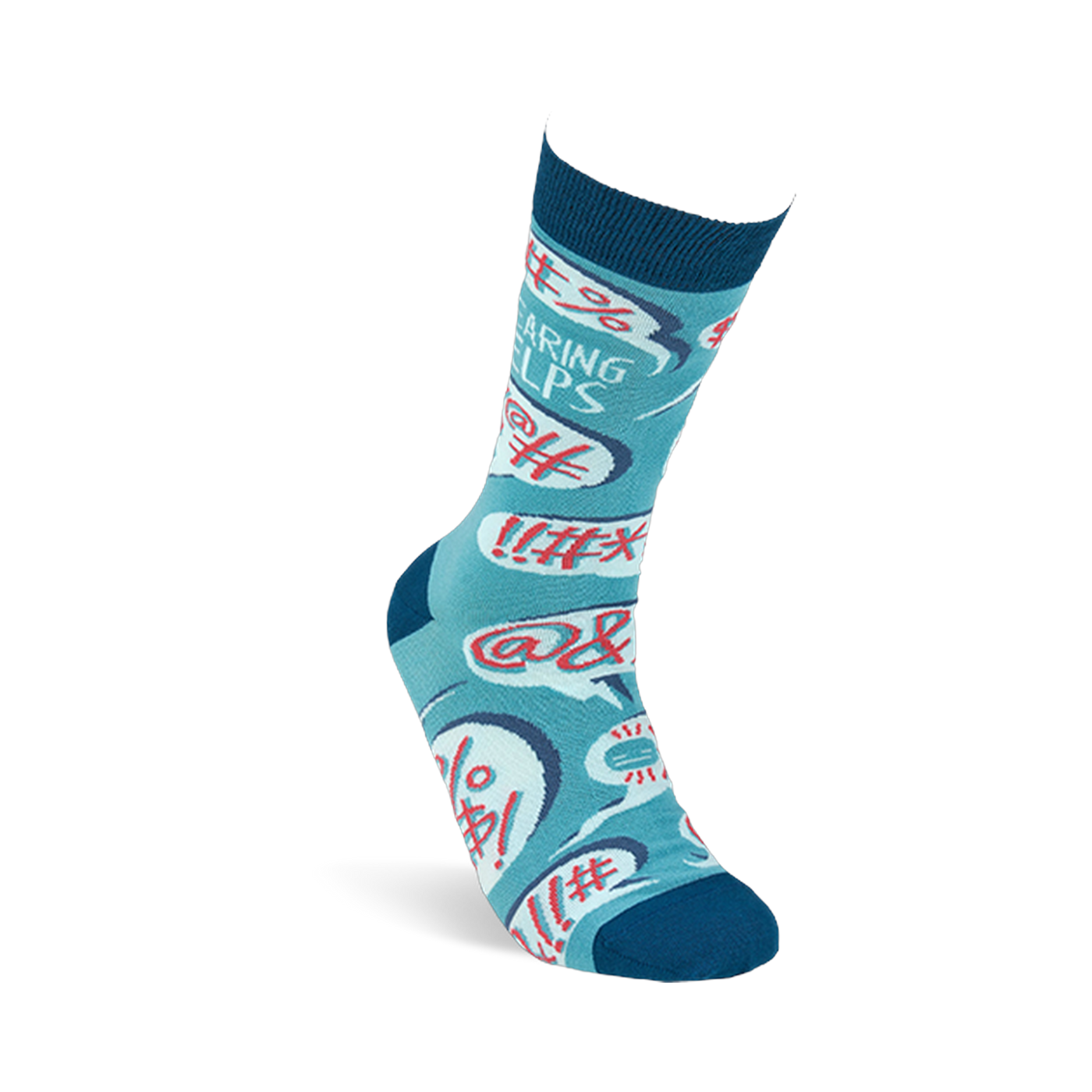 "Swearing Helps" teal sock with dark blue heel, toe, and cuff, featuring red/white censored speech bubble symbols.