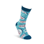 "Swearing Helps" teal sock with dark blue heel, toe, and cuff, featuring red/white censored speech bubble symbols.
