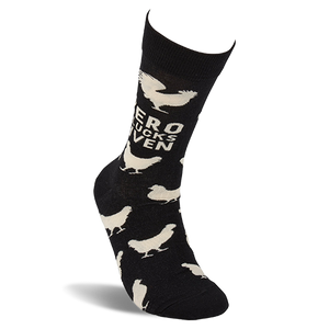 Single black crew sock standing upright, displaying white chicken pattern and 