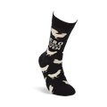 Single black crew sock standing upright, displaying white chicken pattern and "ZERO CLUCKS GIVEN" text on the calf.
