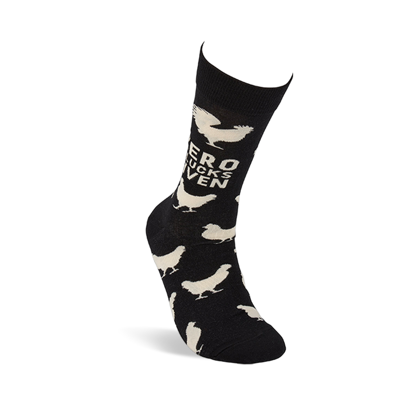 Single black crew sock standing upright, displaying white chicken pattern and "ZERO CLUCKS GIVEN" text on the calf.