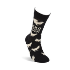Single black crew sock standing upright, displaying white chicken pattern and "ZERO CLUCKS GIVEN" text on the calf.