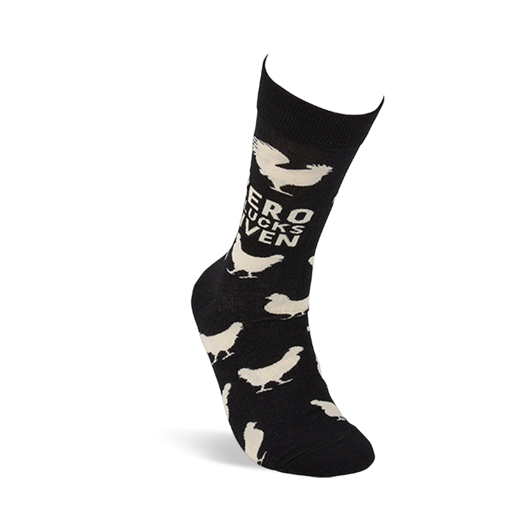 Single black crew sock standing upright, displaying white chicken pattern and "ZERO CLUCKS GIVEN" text on the calf.