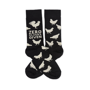 Pair of black crew socks with white chicken and rooster silhouettes. One sock displays "ZERO CLUCKS GIVEN" text.