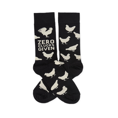 Pair of black crew socks with white chicken and rooster silhouettes. One sock displays "ZERO CLUCKS GIVEN" text.