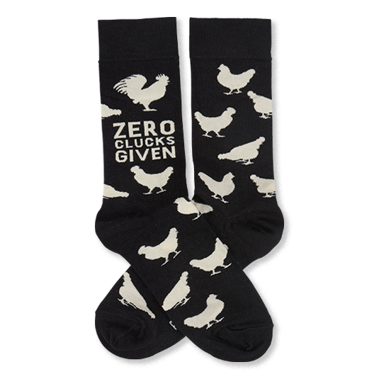 Pair of black crew socks with white chicken and rooster silhouettes. One sock displays 