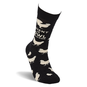 Single black crew sock with white chicken pattern and 