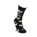 Single black crew sock with white chicken pattern and "Fluent In Fowl Language" text, viewed from the side, standing upright.