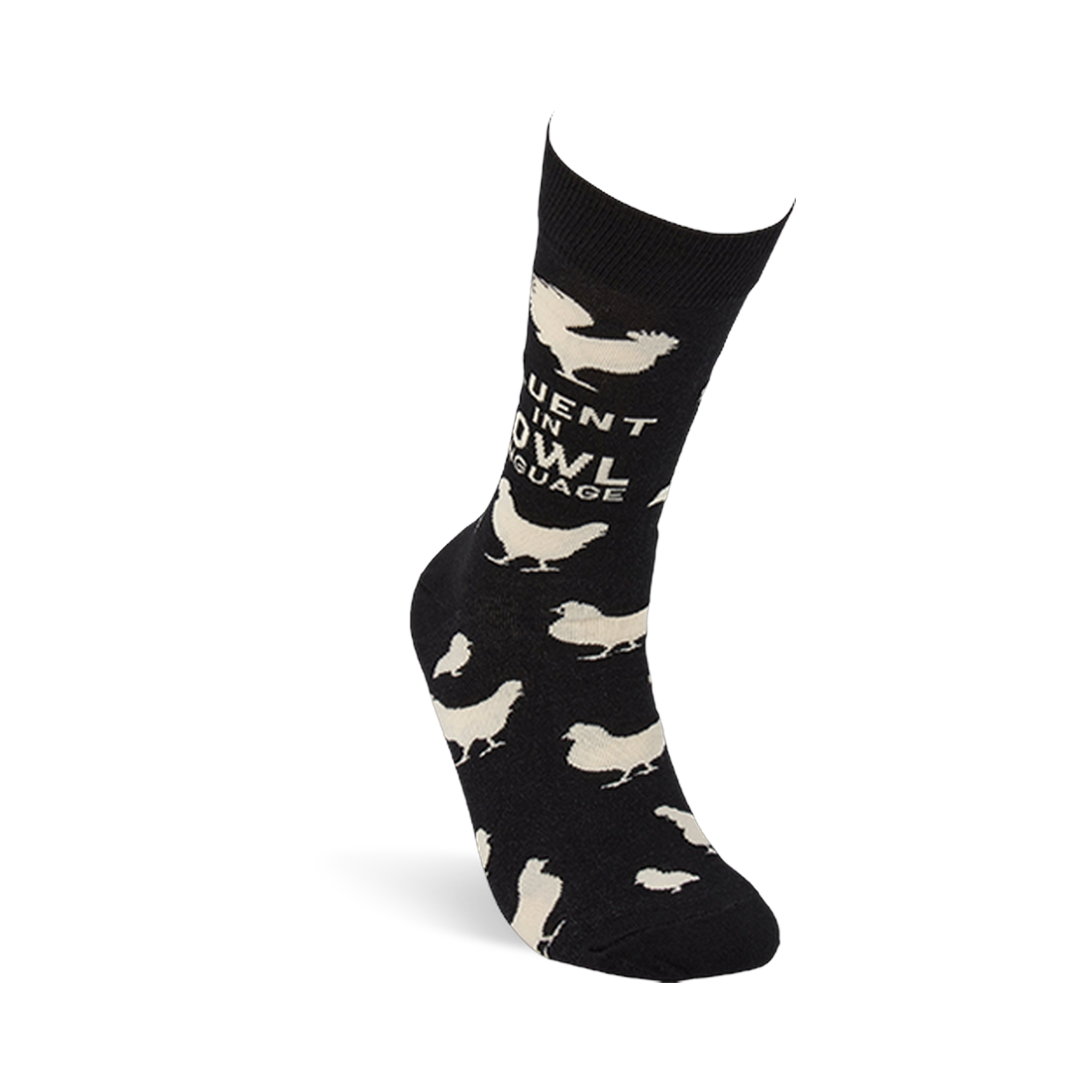Single black crew sock with white chicken pattern and "Fluent In Fowl Language" text, viewed from the side, standing upright.