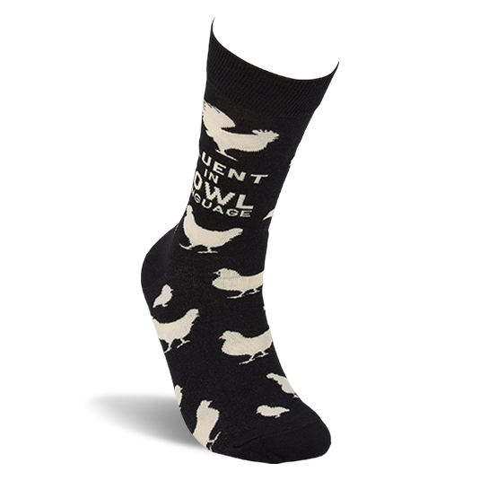 Single black crew sock with white chicken pattern and 