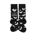 Two black crew socks with white chicken illustrations and "Fluent In Fowl Language" text, laid flat against a white background.
