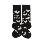 Two black crew socks with white chicken illustrations and "Fluent In Fowl Language" text, laid flat against a white background.