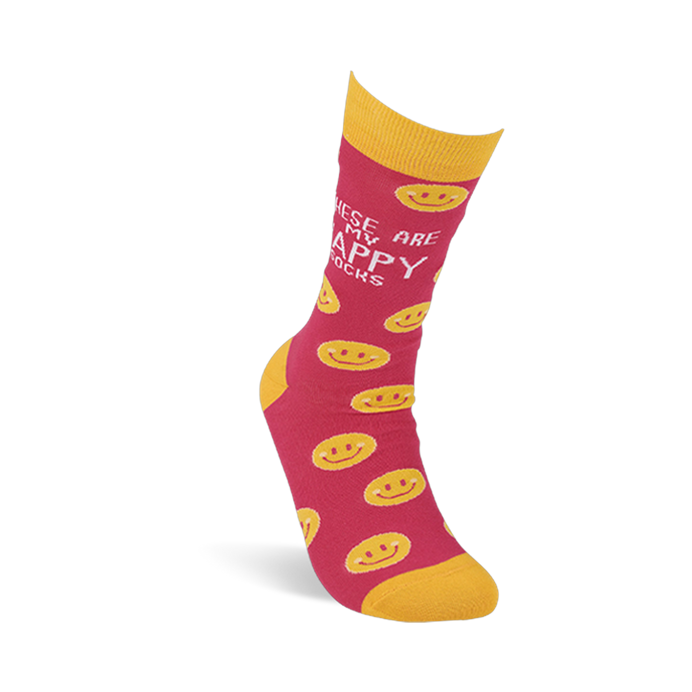 Single pink crew sock with yellow smiley faces standing upright on a white background. Yellow cuff, heel, and toe.