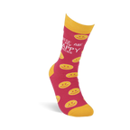 Single pink crew sock with yellow smiley faces standing upright on a white background. Yellow cuff, heel, and toe.