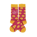 Pair of pink crew socks with yellow smiley faces. Yellow cuffs, heels, and toes. One sock features 'These Are My Happy Socks' text.