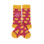 Pair of pink crew socks with yellow smiley faces. Yellow cuffs, heels, and toes. One sock features 'These Are My Happy Socks' text.