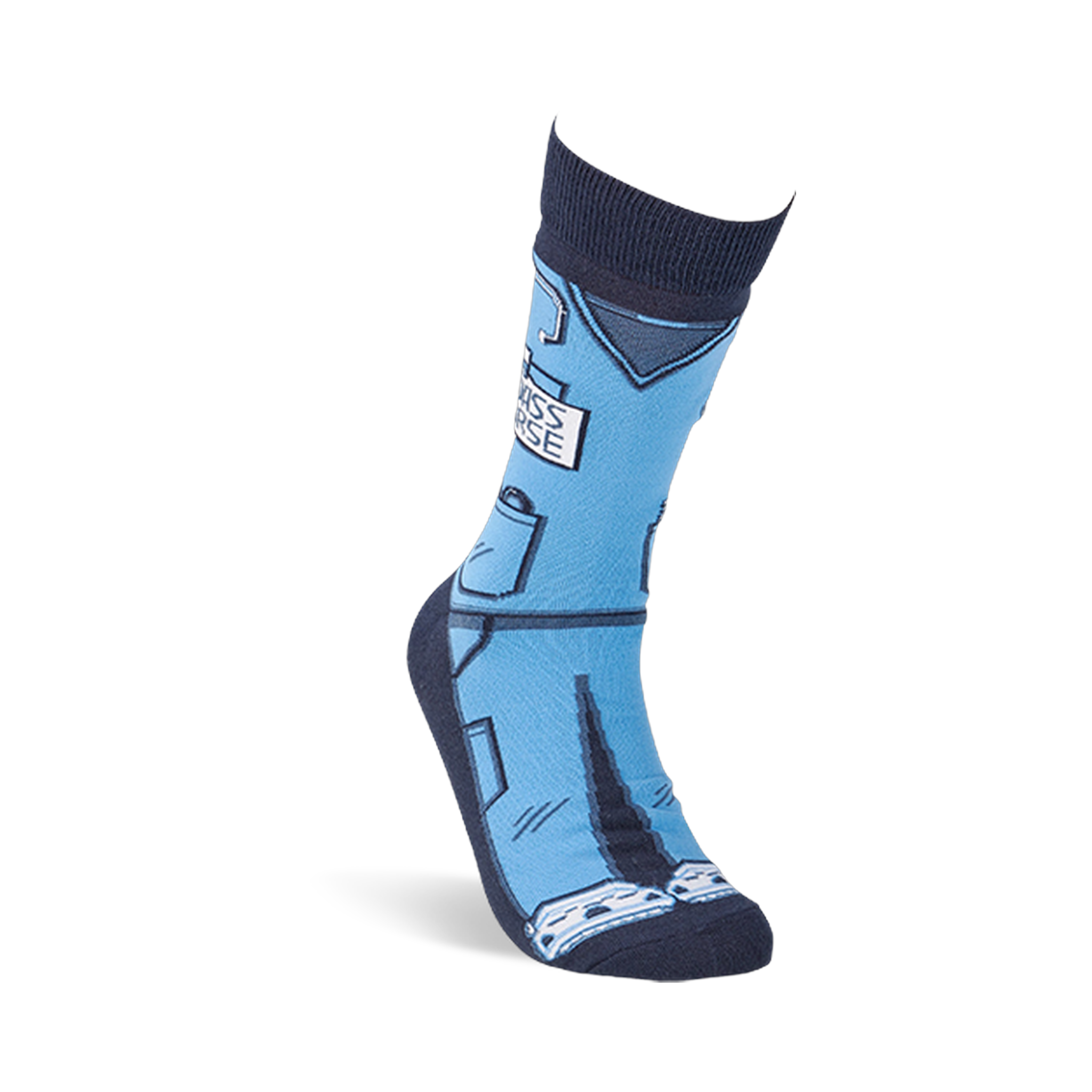 Single 'Badass Nurse' sock standing upright, showing light blue scrubs design, stethoscope, and badge.