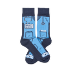 Pair of 'Badass Nurse' socks, light blue with dark blue cuffs and toes, featuring scrubs, stethoscopes, and tools.