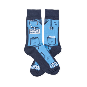Pair of 'Badass Nurse' socks, light blue with dark blue cuffs and toes, featuring scrubs, stethoscopes, and tools.