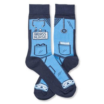 Pair of 'Badass Nurse' socks, light blue with dark blue cuffs and toes, featuring scrubs, stethoscopes, and tools.