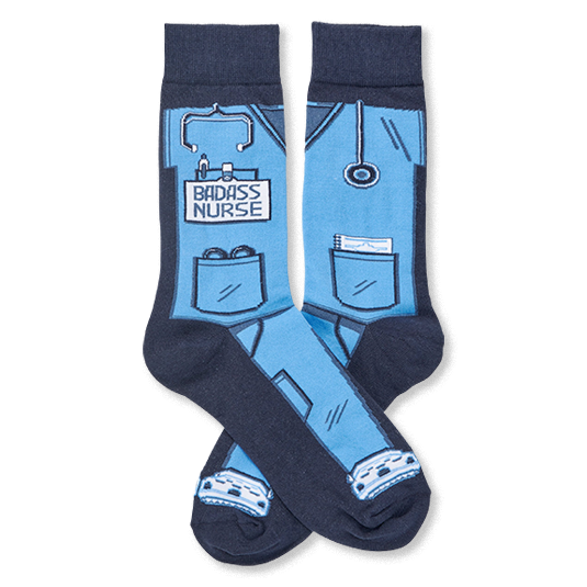 Pair of 'Badass Nurse' socks, light blue with dark blue cuffs and toes, featuring scrubs, stethoscopes, and tools.
