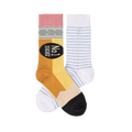 Pair of mismatched crew socks. One looks like a pencil with 'No.1 Teacher' text. The other is white with blue lines like notebook paper.