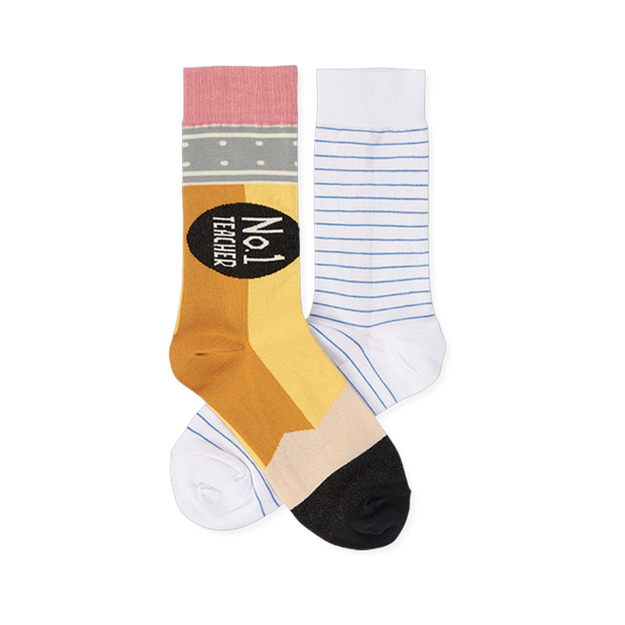 Pair of mismatched crew socks. One looks like a pencil with 'No.1 Teacher' text. The other is white with blue lines like notebook paper. }}