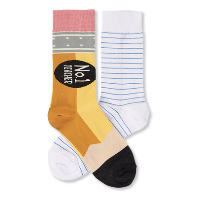 Pair of mismatched crew socks. One looks like a pencil with 'No.1 Teacher' text. The other is white with blue lines like notebook paper.