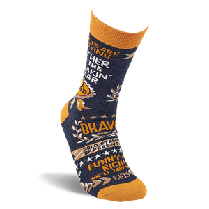 Single navy blue crew sock with mustard yellow cuff, heel, and toe, featuring 'Father of the Freakin' Year' text and awards.