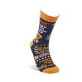 Single navy blue crew sock with mustard yellow cuff, heel, and toe, featuring 'Father of the Freakin' Year' text and awards.